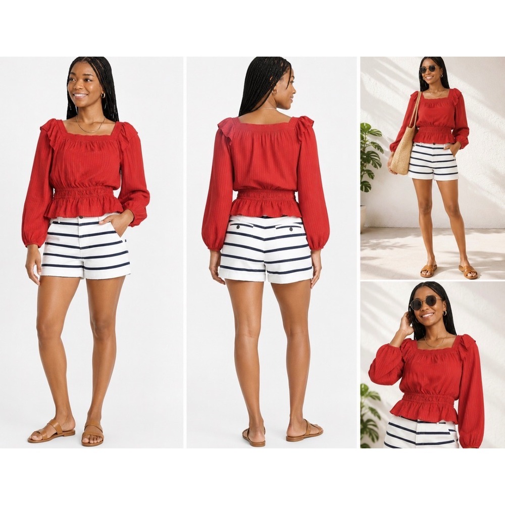 Universal Thread Red Gold Metallic Stripe Smocked Peplum Top XL Balloon Sleeve